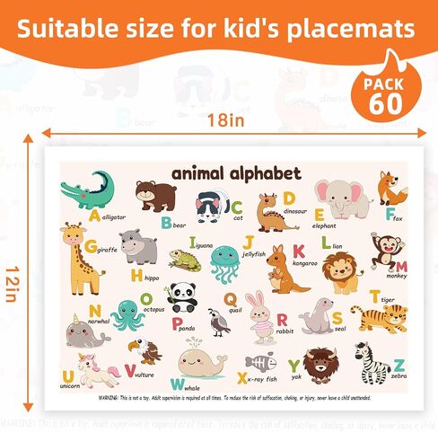 60 Pack Disposable Placemats for Baby, 12"x18" Sticky Placemats for Toddlers, Disposable Baby Placemats for Kids Restaurant & Travel, Animal Alphabet Design in Kuwait