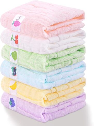 6 Pack Muslin Baby Washcloths 100% Cotton Ultra Soft Absorbent 6 Layer Lightweight Wash Cloths for 10" x 10" Face Bath Burp Cloth Newborn in Kuwait