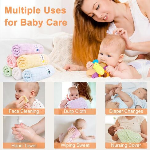 6 Pack Muslin Baby Washcloths 100% Cotton Ultra Soft Absorbent 6 Layer Lightweight Wash Cloths for 10" x 10" Face Bath Burp Cloth Newborn in Kuwait