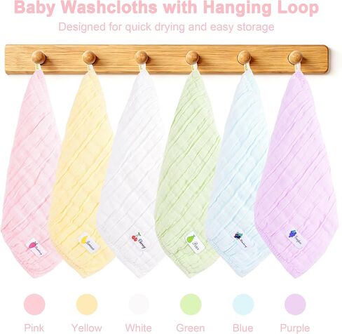 6 Pack Muslin Baby Washcloths 100% Cotton Ultra Soft Absorbent 6 Layer Lightweight Wash Cloths for 10" x 10" Face Bath Burp Cloth Newborn in Kuwait