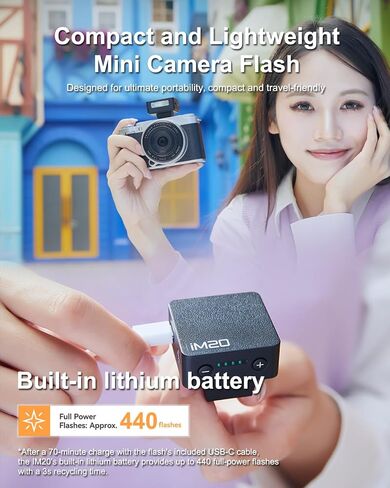 Godox iM20 with Diffuser Godox Mini Flash - Camera Flash GN10, 5Power Levels, USB-C Battery, 440 Full-Power Flashes, 3S Recycle time, Manual Flash for Canon/Sony zv1/Sony zve10/Ricoh gr3/Nikon/Fuji f1 in Kuwait