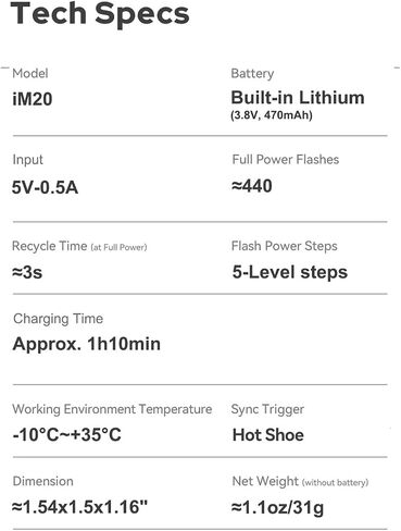Godox iM20 with Diffuser Godox Mini Flash - Camera Flash GN10, 5Power Levels, USB-C Battery, 440 Full-Power Flashes, 3S Recycle time, Manual Flash for Canon/Sony zv1/Sony zve10/Ricoh gr3/Nikon/Fuji f1 in Kuwait