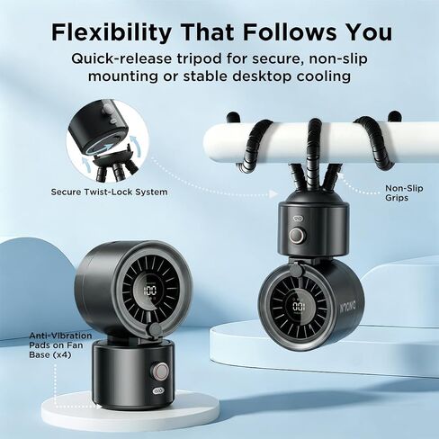 Pursuit DNDLN 2-in-1 Stroller Misting Fan Golf Cart Fan, 100 Speeds Stepless Portable Baby Fan with Flexible Tripod, 120° Auto Oscillating Clip on Fan, 4000mAh battery, Summer Travel Must Haves in Kuwait