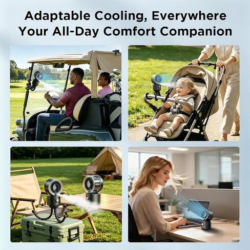 Pursuit DNDLN 2-in-1 Stroller Misting Fan Golf Cart Fan, 100 Speeds Stepless Portable Baby Fan with Flexible Tripod, 120° Auto Oscillating Clip on Fan, 4000mAh battery, Summer Travel Must Haves in Kuwait