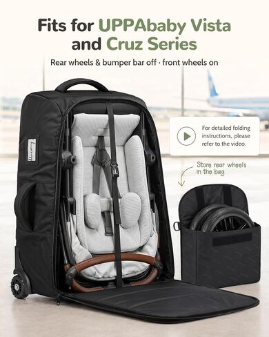 YOREPEK Padded Stroller Travel Bag with 2 Smooth Wheels | for UPPAbaby Vista V2/V3 & Cruz V2 (Rear Wheels Removal Needed), Wheels Storage Bag, Dual Handles, Quick Roll-up Foldable in Kuwait