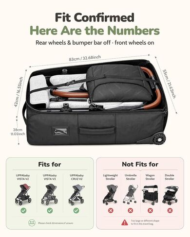 YOREPEK Padded Stroller Travel Bag with 2 Smooth Wheels | for UPPAbaby Vista V2/V3 & Cruz V2 (Rear Wheels Removal Needed), Wheels Storage Bag, Dual Handles, Quick Roll-up Foldable in Kuwait