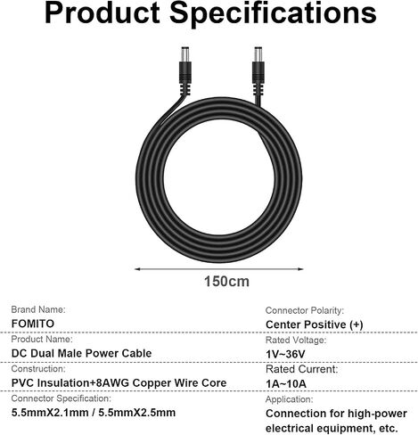 Fomito Dual DC Male Power Cable, 5.5x2.5mm and 5.5x2.1mm Plugs, 0.75mm² Pure Copper Wire, Double-Layer PVC Insulation for LED Lights and PCBs in Kuwait