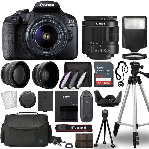 Canon Cameras EOS 2000D / Rebel T7 Digital SLR Camera Body w/Canon EF-S 18-55mm f/3.5-5.6 Lens 3 DSLR Kit Bundled with Complete Accessory Bundle+ 64GB+ Flash+ More - International Model (Renewed) in Kuwait