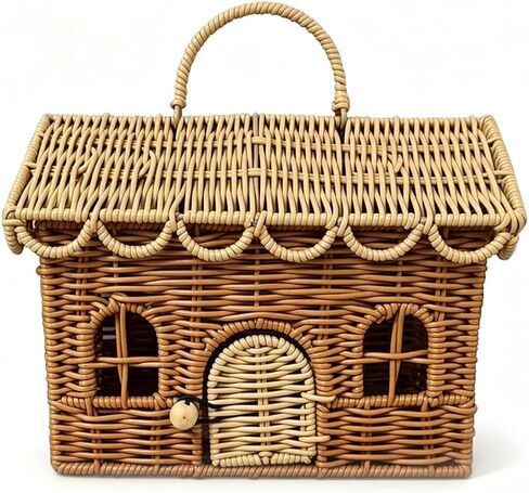 Wicker House Shaped Basket with Lid, Rattan Storage Basket for Kids Picnic or Small Dollhouse, Decorative Woven Basket for Gift Wrapping, Basket Purse for Girls，1 in Kuwait