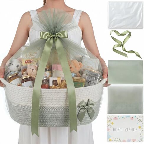 Colingmill Extra Large Woven Gift Basket 19.5"x15"x10", Storage Basket with Gift Bag, Ribbon and Tulle, Gifts Card, Tissue Paper for Baby Shower, Wedding, Birthday & Holiday Gifts (Pink) in Kuwait