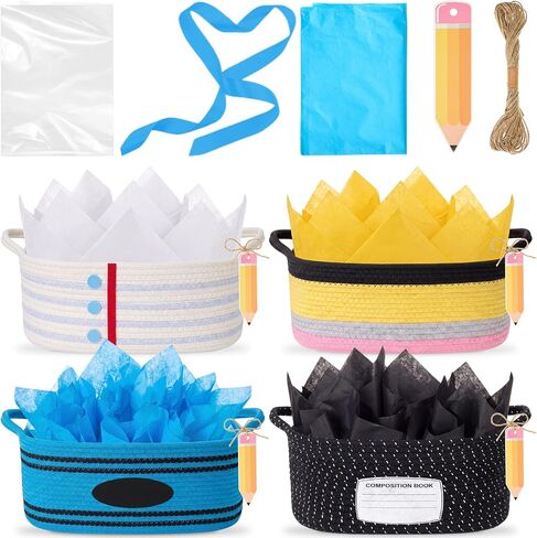 Colingmill 4 Pcs Back to School Gift Basket Empty, Woven Storage Basket with Gift bag, Ribbons, Tissue Paper, Letter Sticker for Birthday Classroom Supplies End of Year Party (Multi Style) in Kuwait