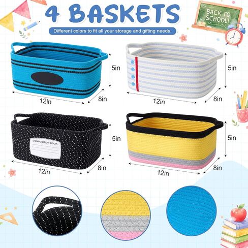 Colingmill 4 Pcs Back to School Gift Basket Empty, Woven Storage Basket with Gift bag, Ribbons, Tissue Paper, Letter Sticker for Birthday Classroom Supplies End of Year Party (Multi Style) in Kuwait