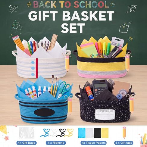 Colingmill 4 Pcs Back to School Gift Basket Empty, Woven Storage Basket with Gift bag, Ribbons, Tissue Paper, Letter Sticker for Birthday Classroom Supplies End of Year Party (Multi Style) in Kuwait