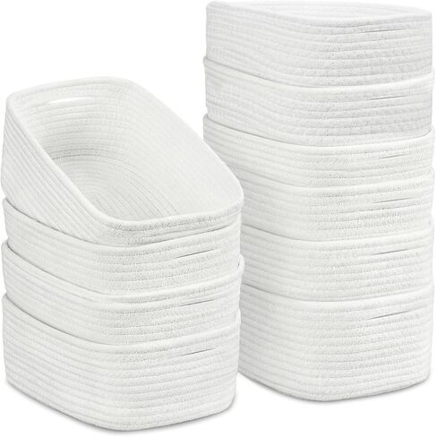 10 Pack Small Woven Baskets for Organizing, 12"x8"x5" White Cotton Rope Storage Bins with Handle, Empty Gift Basket Kit for Baby Shower, Nursery, Shelf, Bathroom & Closet Organizing in Kuwait