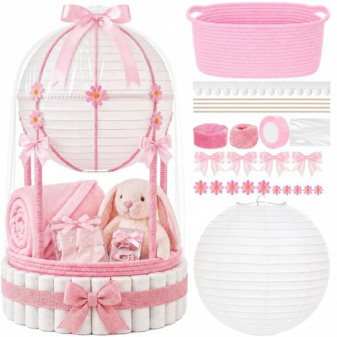 Colingmill Baby Shower Empty Gift Basket Personalized DIY Set,Pink | Empty Gift Basket Ribbon Lantern Storage Basket with Gift Bag for Personalized DIY Baby Shower Welcome Newborn Gifts in Kuwait