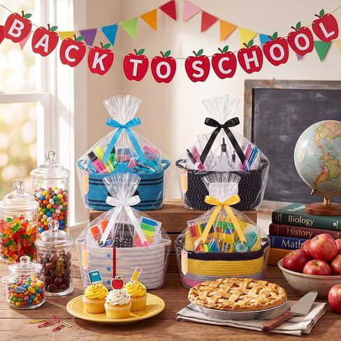 Colingmill 4 Pcs Back to School Gift Basket Empty, Woven Storage Basket with Gift bag, Ribbons, Tissue Paper, Letter Sticker for Birthday Classroom Supplies End of Year Party (Multi Style) in Kuwait