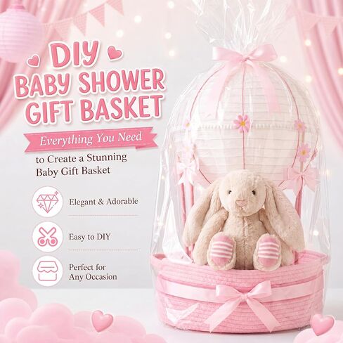 Colingmill Baby Shower Empty Gift Basket Personalized DIY Set,Pink | Empty Gift Basket Ribbon Lantern Storage Basket with Gift Bag for Personalized DIY Baby Shower Welcome Newborn Gifts in Kuwait