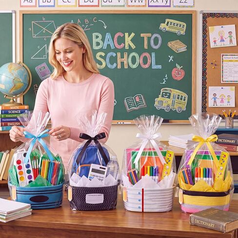 Colingmill 4 Pcs Back to School Gift Basket Empty, Woven Storage Basket with Gift bag, Ribbons, Tissue Paper, Letter Sticker for Birthday Classroom Supplies End of Year Party (Multi Style) in Kuwait
