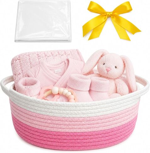 MASHDE Pink Gift Basket for Gifts Empty Set, 12"x 8"x 5" Baby Basket with Gift Bag, Ribbon and Wrap Tissue Paper for Baby Shower, Graduation- Pink and White Three-Tone Gradient in Kuwait
