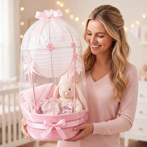 Colingmill Baby Shower Empty Gift Basket Personalized DIY Set,Pink | Empty Gift Basket Ribbon Lantern Storage Basket with Gift Bag for Personalized DIY Baby Shower Welcome Newborn Gifts in Kuwait