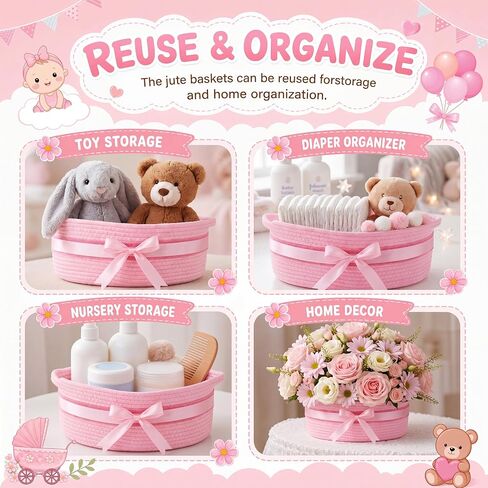 Colingmill Baby Shower Empty Gift Basket Personalized DIY Set,Pink | Empty Gift Basket Ribbon Lantern Storage Basket with Gift Bag for Personalized DIY Baby Shower Welcome Newborn Gifts in Kuwait