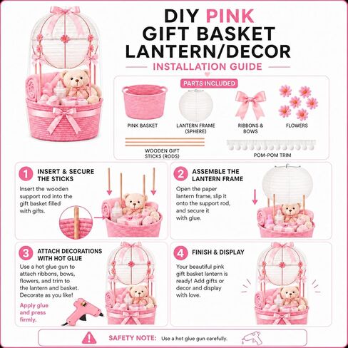 Colingmill Baby Shower Empty Gift Basket Personalized DIY Set,Pink | Empty Gift Basket Ribbon Lantern Storage Basket with Gift Bag for Personalized DIY Baby Shower Welcome Newborn Gifts in Kuwait