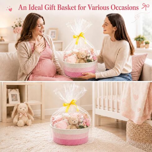 MASHDE Pink Gift Basket for Gifts Empty Set, 12"x 8"x 5" Baby Basket with Gift Bag, Ribbon and Wrap Tissue Paper for Baby Shower, Graduation- Pink and White Three-Tone Gradient in Kuwait
