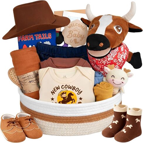 23-PCS Baby Boy Gift Basket - Unique Western Cowboy Theme Newborn Baby Shower Gifts for Boys with Baby Hat, Booties, Receiving Blankets, Milestone Wood & Diaper Caddy Organizer in Kuwait
