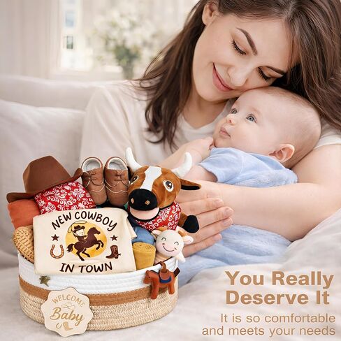 23-PCS Baby Boy Gift Basket - Unique Western Cowboy Theme Newborn Baby Shower Gifts for Boys with Baby Hat, Booties, Receiving Blankets, Milestone Wood & Diaper Caddy Organizer in Kuwait
