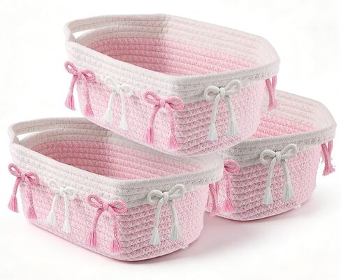 1PC Pink Bow Baskets for Gift Cute Coquette Woven Rope Storage Basket with Handle Laundry Hamper Storage Bins for Home Decor Organization Nursery Baby Shower, 11.8''x7.8''x4.7'' in Kuwait