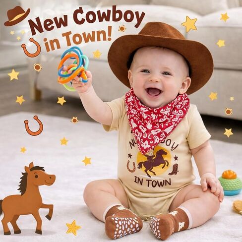 23-PCS Baby Boy Gift Basket - Unique Western Cowboy Theme Newborn Baby Shower Gifts for Boys with Baby Hat, Booties, Receiving Blankets, Milestone Wood & Diaper Caddy Organizer in Kuwait