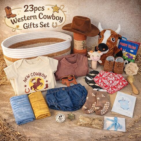 23-PCS Baby Boy Gift Basket - Unique Western Cowboy Theme Newborn Baby Shower Gifts for Boys with Baby Hat, Booties, Receiving Blankets, Milestone Wood & Diaper Caddy Organizer in Kuwait