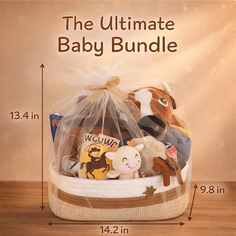 23-PCS Baby Boy Gift Basket - Unique Western Cowboy Theme Newborn Baby Shower Gifts for Boys with Baby Hat, Booties, Receiving Blankets, Milestone Wood & Diaper Caddy Organizer in Kuwait