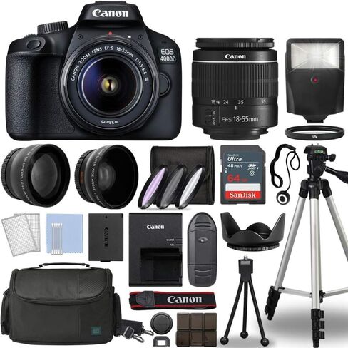 Canon EOS 4000D / Rebel T100 Digital SLR Camera Body w/Canon EF-S 18-55mm f/3.5-5.6 Lens 3 DSLR Kit Bundled with Complete Accessory Bundle + 64GB Flash & More - International Model (Renewed), Black in Kuwait