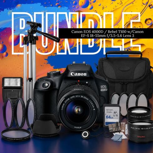 Canon EOS 4000D / Rebel T100 Digital SLR Camera Body w/Canon EF-S 18-55mm f/3.5-5.6 Lens 3 DSLR Kit Bundled with Complete Accessory Bundle + 64GB Flash & More - International Model (Renewed), Black in Kuwait
