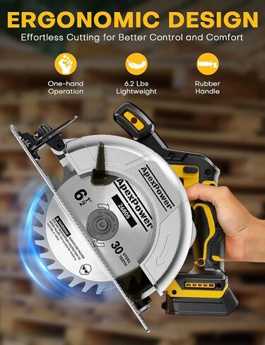 Brushless 6-1/2 Inch Circular Saw, for DeWalt 20V Max Battery, 8000 RPM, 6.2 Lbs, Cuts 2-1/5" at 90°, 0-90° Bevel, with Rip Guide & Hex Wrench for Wood in Kuwait