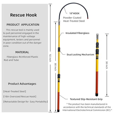 Telescoping Insulated Rescue Hook - 38in to 80in (6.7ft) Extendable Emergency Pole, Detachable 18in Hook for Electrical/Fire Rescue, Boat Safety in Kuwait