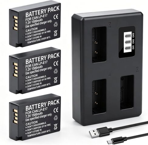 3-Pack LP-E17 Battery and Upgraded 3-Slot LCD Charger | Compatible with Canon EOS R50 R100 RP R10 R8, Powershot V1, T8i T7i T6i T6s SL2 SL3 M3 M5 M6 200D 750D 760D 800D 8000D Camera in Kuwait