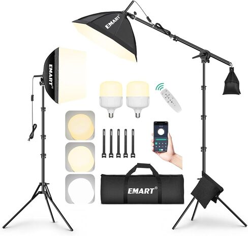 EMART 2Pack Softbox Photography Lighting Kit, 16"x16" & 20" Octa Soft Box, 50W 3000-6000K LED Bulb, 63" Tripod & 29.5" Boom Arm, APP/Remote, Professional Studio Lights for Recording/Streaming/Portrait in Kuwait
