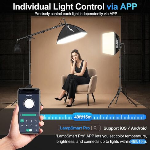 EMART 2Pack Softbox Photography Lighting Kit, 16"x16" & 20" Octa Soft Box, 50W 3000-6000K LED Bulb, 63" Tripod & 29.5" Boom Arm, APP/Remote, Professional Studio Lights for Recording/Streaming/Portrait in Kuwait