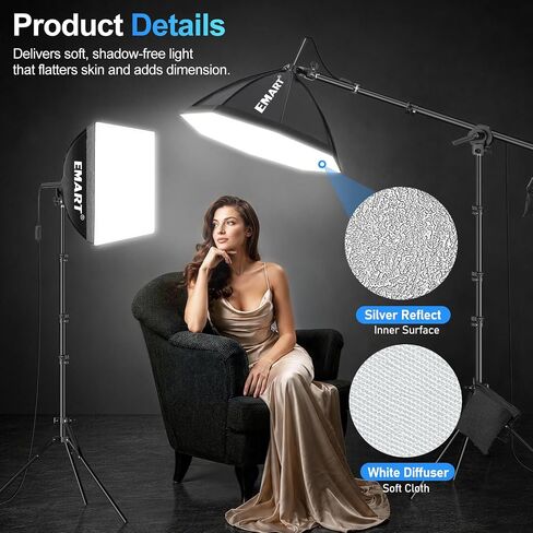 EMART 2Pack Softbox Photography Lighting Kit, 16"x16" & 20" Octa Soft Box, 50W 3000-6000K LED Bulb, 63" Tripod & 29.5" Boom Arm, APP/Remote, Professional Studio Lights for Recording/Streaming/Portrait in Kuwait