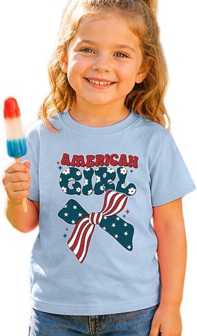 4th of July Outfits for Girls American Girl Flower Graphic Short Sleeve Tee Tops Cute Independence Day Clothes in Kuwait
