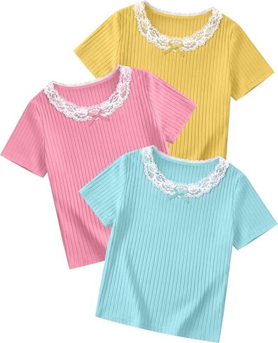 Back to School 3 Pack Toddler Girl Shirts Baby Cotton Summer Tops Kids Cute Ribbed Lace Trim Tees with Bow 18M-5T in Kuwait