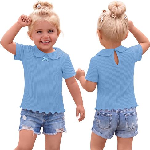 Toddler Girls School Uniform Shirts Baby Short Sleeve Ribbed Doll Collar Tops Blouses Lettuce Trim Cute Tees 18M-5T in Kuwait