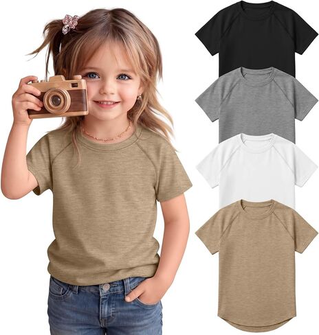 4 Pack Toddler Girls' Short Sleeve Shirts Raglan Crew Neck Tops Curved Hem Loose Casual Tshirts Baby Kids Basic Tees in Kuwait