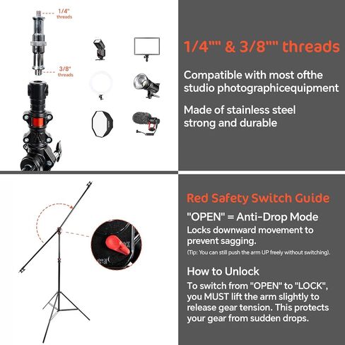 KATE Photography Light Stand with Boom Arm, 3-in-1 Heavy Duty Aluminum Alloy 12.5ft Tripod Stand with 2 Empty Sandbag, 11lbs Max Load for Video Light, Softbox, Strobe, Reflector, Camera in Kuwait