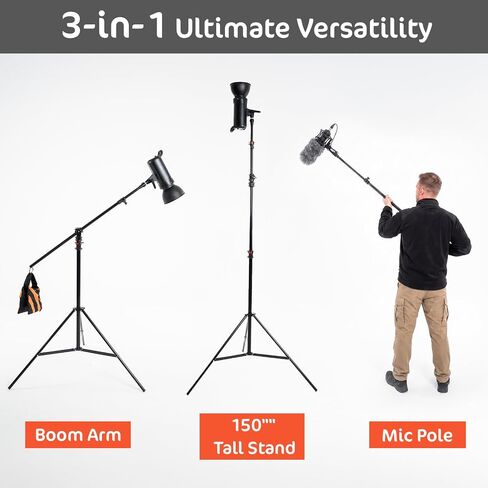 KATE Photography Light Stand with Boom Arm, 3-in-1 Heavy Duty Aluminum Alloy 12.5ft Tripod Stand with 2 Empty Sandbag, 11lbs Max Load for Video Light, Softbox, Strobe, Reflector, Camera in Kuwait