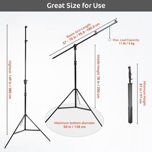 KATE Photography Light Stand with Boom Arm, 3-in-1 Heavy Duty Aluminum Alloy 12.5ft Tripod Stand with 2 Empty Sandbag, 11lbs Max Load for Video Light, Softbox, Strobe, Reflector, Camera in Kuwait