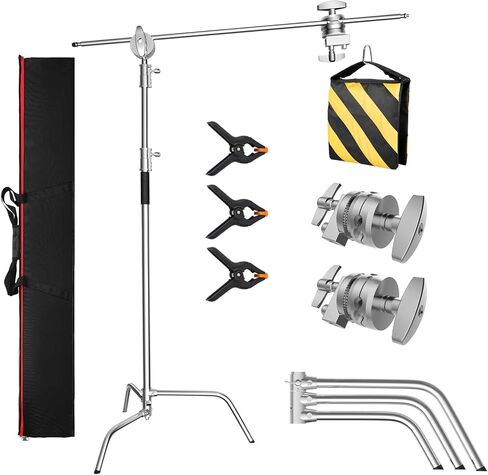 C Stand with Boom Arm, Photography Light Stand Kit - Heavy Duty C-Stand with 10.8ft/330cm Stainless Steel Pole, 4.2ft/128cm Boom Arm, Grip Heads, Sandbag for Studio Lighting, Silver in Kuwait