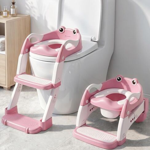 2-in-1 Potty Training Seat & Training Toilet & Potty Chair, Height AdjustableToddler Toilet Seat for Kids, Foldable Potty Training Toilet with Splash Guard & Anti-Slip Steps, Pink in Kuwait